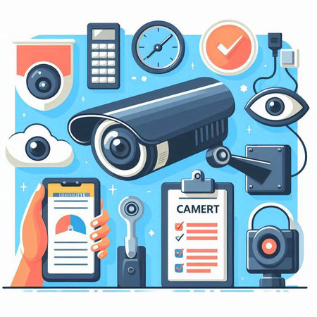 Video surveillance concept. Vector illustration of cctv camera on background with different objects.のイラスト素材