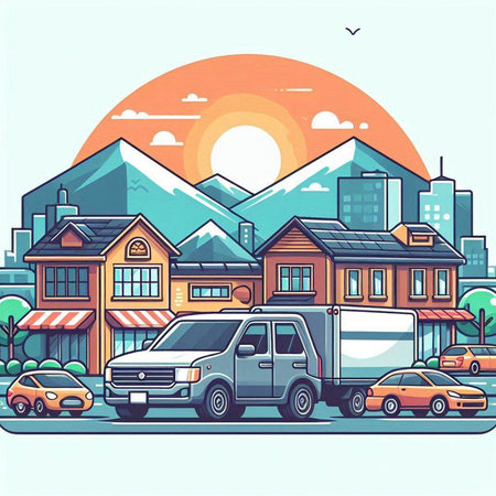 City street with buildings and cars. Vector illustration in flat style.のイラスト素材