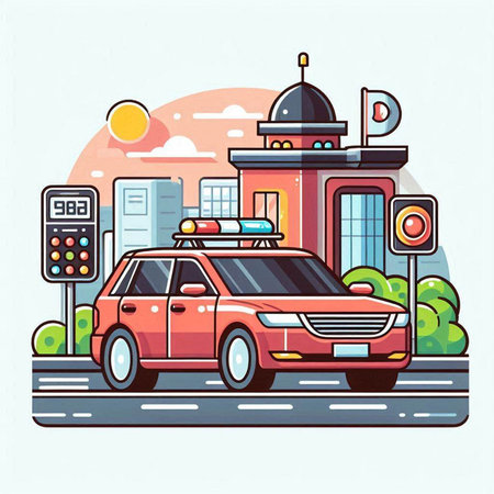 Vector illustration of red car on road with traffic lights and cityscape on background.のイラスト素材