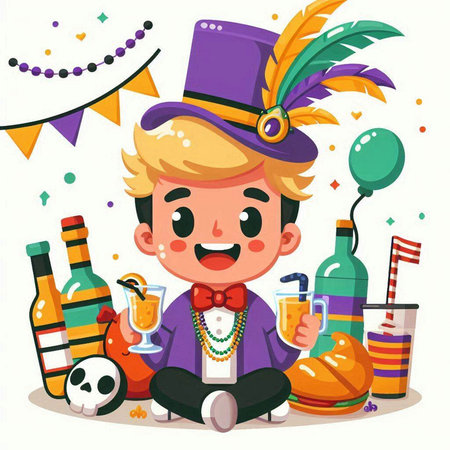 Cute cartoon little boy in hat and mardi gras costume with drinks. Vector illustrationのイラスト素材