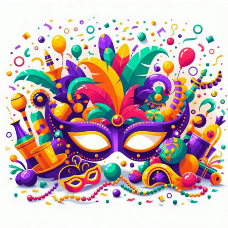 Mardi gras carnival mask with confetti and party elements. Vector illustrationのイラスト素材