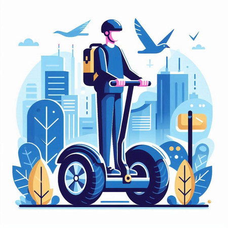 Man riding electric scooter in city. Urban transport concept. Modern flat vector illustration.のイラスト素材