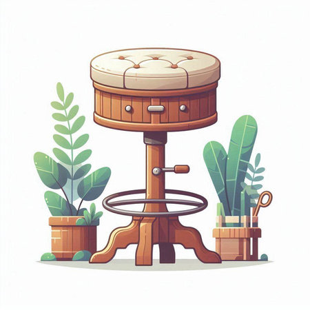 Illustration of a round wooden coffee table with a chair, a plant pot and scissors.のイラスト素材