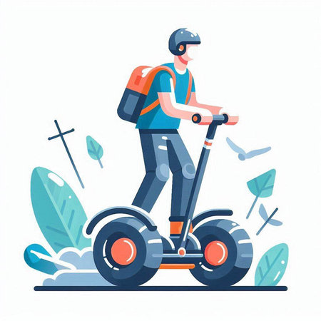 Young man riding electric scooter. Ecological transport. Flat vector illustrationのイラスト素材