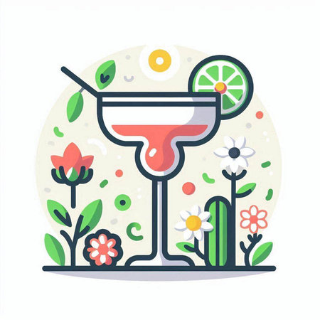 Cocktail flat color vector icon. Alcoholic drink with lime, daisy flowers and leaves isolated cartoon illustrationのイラスト素材