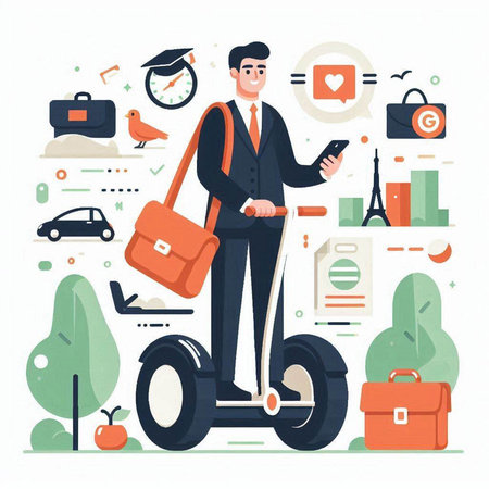 Vector illustration in flat style. Businessman in a suit riding electric scooter.のイラスト素材