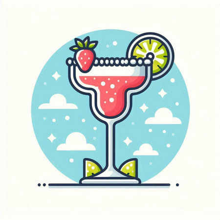 Cocktail with strawberry, lime and mint. Vector illustration.のイラスト素材
