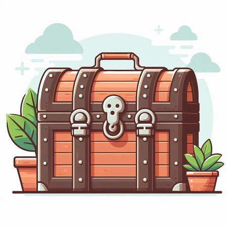 Treasure chest vector illustration. Cartoon wooden chest with key and lock.のイラスト素材