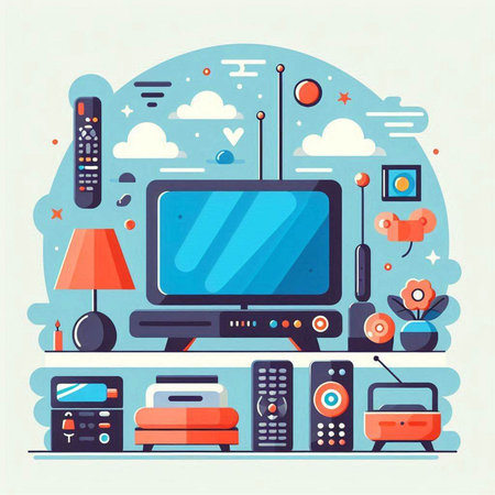 Home interior design concept. Flat style vector illustration. TV, bed, books, lamp, radio, remote control, headphones.のイラスト素材