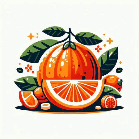 Orange fruit with leaves. Vector illustration in flat style on white background.のイラスト素材