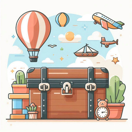 Treasure chest with air balloon, hot air balloon, cactus and other objects. Vector illustration.のイラスト素材