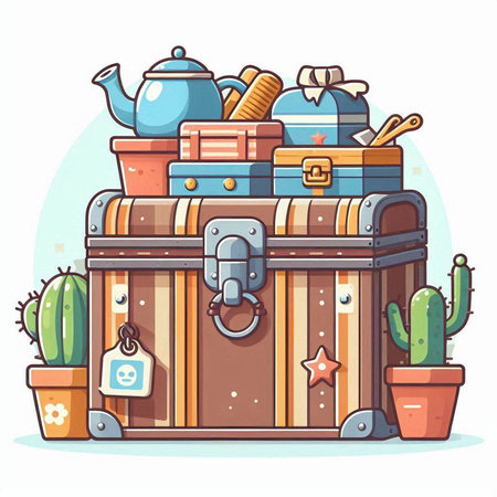 Treasure chest with cacti and other objects. Vector illustration.のイラスト素材