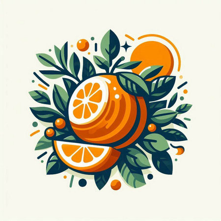 Orange fruit with leaves and orange slices. Hand drawn vector illustration.のイラスト素材