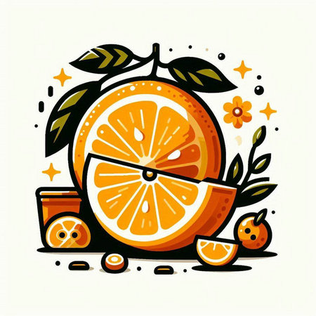 Orange fruit with leaves and berries on white background. Vector illustration.のイラスト素材