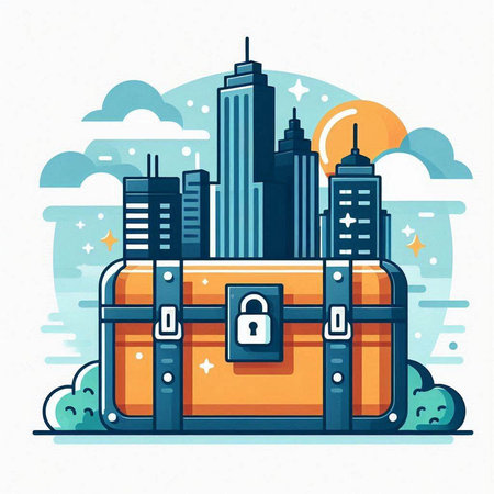 Vector illustration of a chest with a lock and a cityscape.のイラスト素材