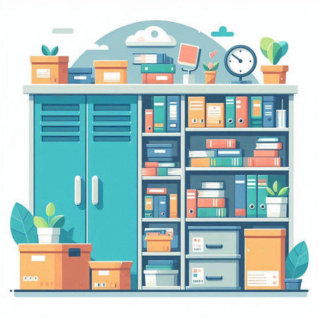 Office interior with bookshelf. Vector illustration in flat style.のイラスト素材