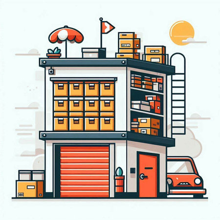 Warehouse building with boxes and car. Vector illustration in flat styleのイラスト素材