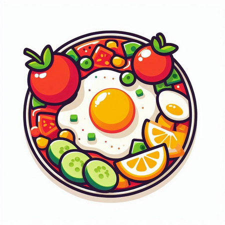 Fried egg with vegetables in plate on white background. Vector illustration.のイラスト素材