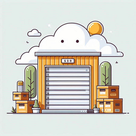 Vector illustration of a logistic warehouse with storage boxes. Flat style.のイラスト素材