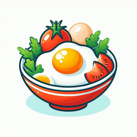 Fried egg in bowl with tomatoes and parsley. Vector illustration.のイラスト素材