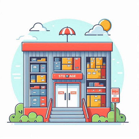 Warehouse flat color vector faceless character. Storehouse with closed door and boxes isolated cartoon illustration for web graphic design and animationのイラスト素材