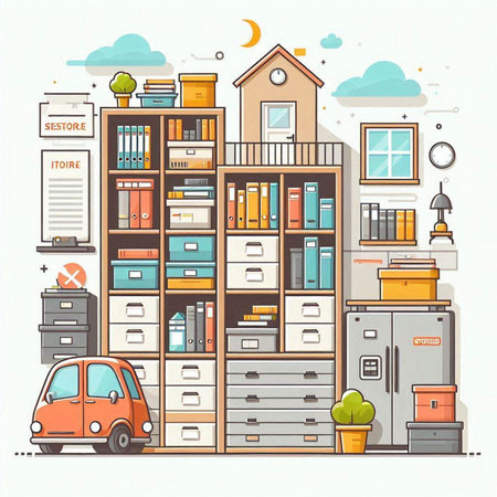 Vector illustration of home office with furniture, bookcase and car.のイラスト素材