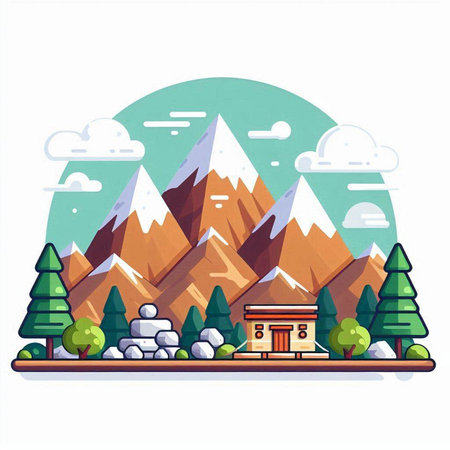 Mountain landscape with wooden house. Vector illustration in cartoon style.のイラスト素材