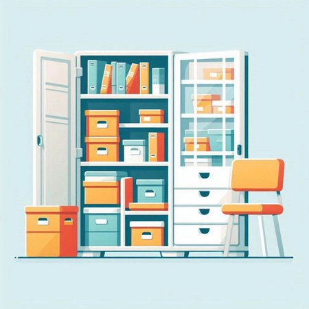 Office cabinet with folders and chair. Vector illustration in flat style.のイラスト素材