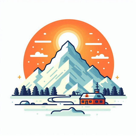 Mountain landscape with snow and cabin. Flat style vector illustration.のイラスト素材