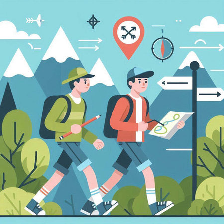 Tourist man and woman with map and backpack. Flat vector illustrationのイラスト素材