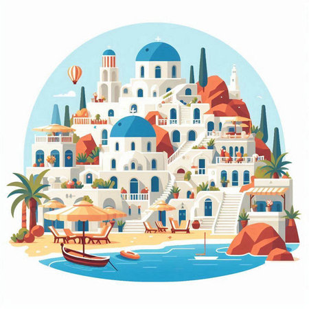 Santorini island, Greece. Flat style vector illustration.のイラスト素材