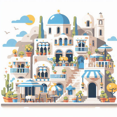 Cityscape of Santorini, Greece. Vector illustration in flat styleのイラスト素材