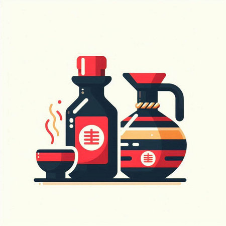 Sauce bottle and cup of tea. Vector illustration in flat styleのイラスト素材