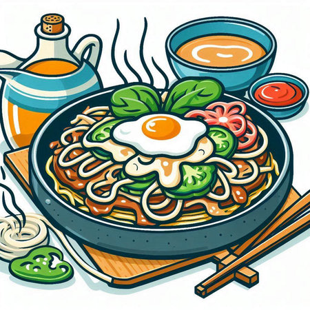 Illustration of a bowl of noodles with fried egg and vegetables.のイラスト素材