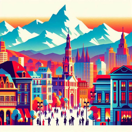 Cityscape of the old town in retro style. Vector illustration.のイラスト素材