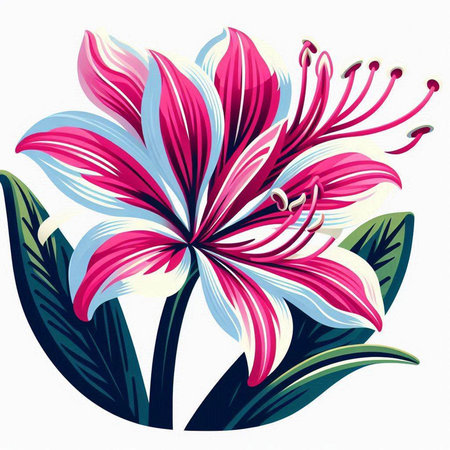 Illustration of pink lily with green leaves on a white backgroundのイラスト素材