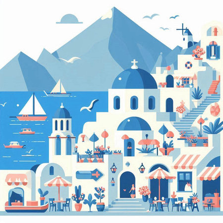 Seaside town of Santorini, Greece. Vector illustrationのイラスト素材
