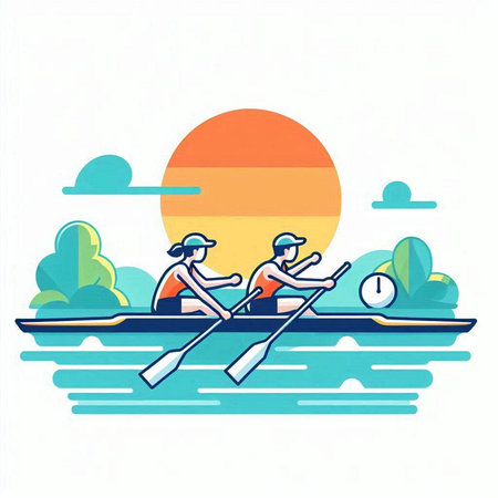 Couple rowing on the river. Flat style vector illustration.のイラスト素材