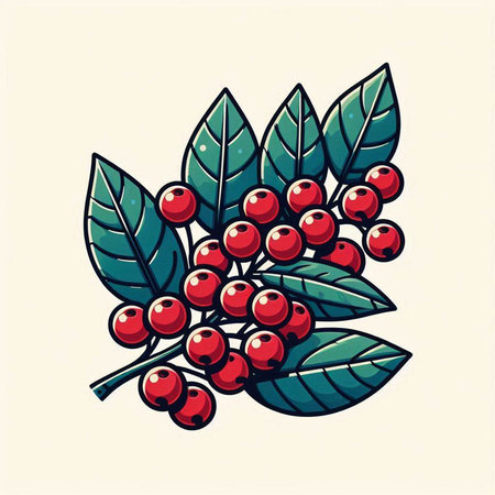 Illustration of a rowan branch with red berries and green leavesのイラスト素材