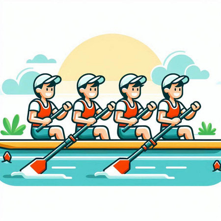 Group of men rowing on the river, vector cartoon illustration.のイラスト素材