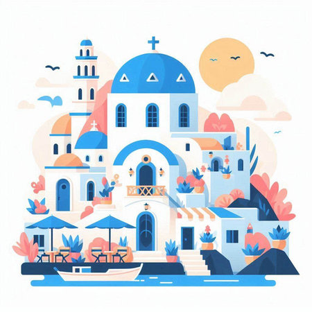 Flat style vector illustration of blue church on the island. Greece.のイラスト素材