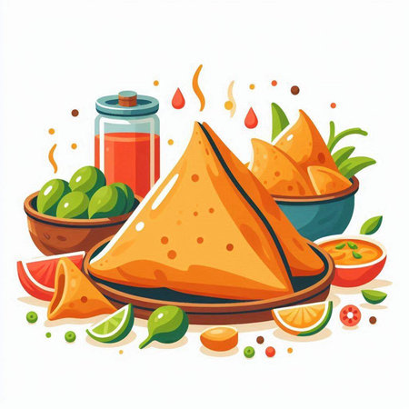 Mexican food vector illustration. Nachos, guacamole, salsa, nachos, guacamoleのイラスト素材