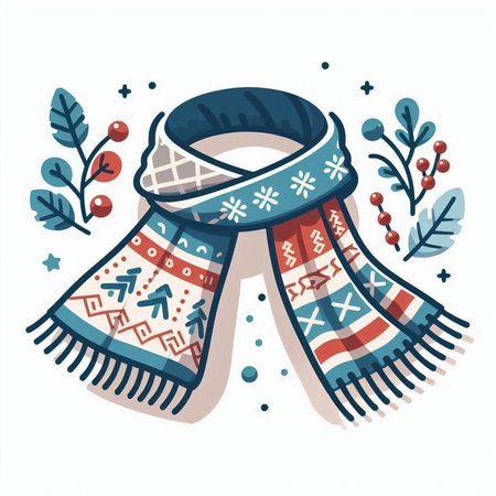 Vector illustration of a scarf with snowflakes and holly berries.のイラスト素材