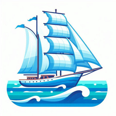 Sailing ship on the sea. Vector illustration in cartoon style.のイラスト素材