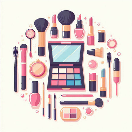 Makeup and cosmetics round composition. Vector illustration in flat style.のイラスト素材