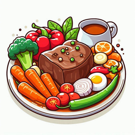 Vegetable dish with meat and vegetables. Vector illustration in cartoon style.のイラスト素材