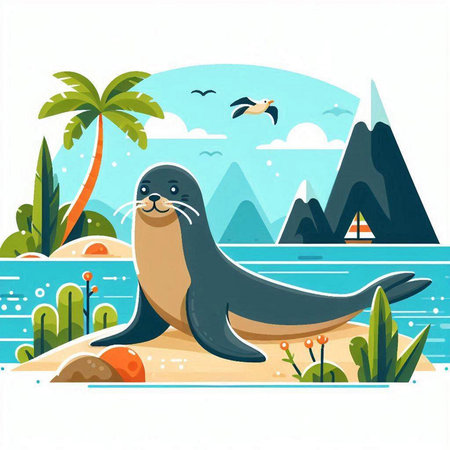 Sea lion on the seashore. Vector illustration in flat styleのイラスト素材