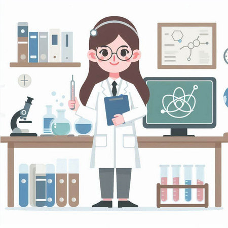 Female scientist in laboratory. Vector illustration of a female scientist in a laboratory.のイラスト素材