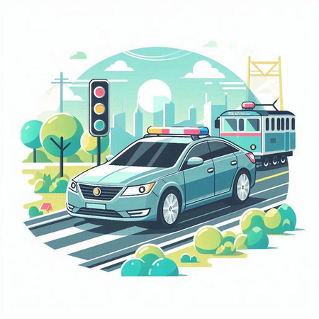 Vector illustration of a police car on the road in the city.のイラスト素材