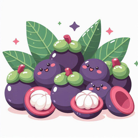 Mangosteen fruit with leaves. Vector illustration in cartoon style.のイラスト素材